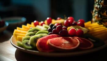 saudável gourmet salada com fresco orgânico fruta variação em madeira mesa gerado de ai foto