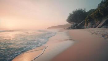 tranquilo pôr do sol sobre idílico tropical litoral, refletindo em calma águas gerado de ai foto