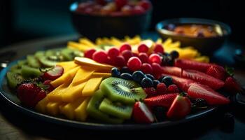 colorida fruta salada tigela, uma saudável e gourmet verão lanche gerado de ai foto