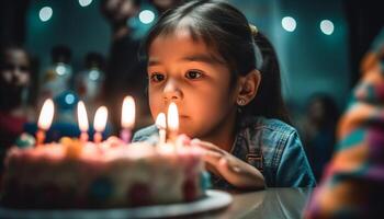 fofa caucasiano menina sorridente, desfrutando aniversário celebração com família dentro de casa gerado de ai foto