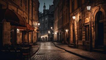 iluminado cidade rua vitrines velho, gótico construção exteriores às crepúsculo gerado de ai foto