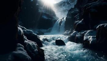 majestoso montanha faixa, tranquilo cena, fluindo água, natural beleza gerado de ai foto