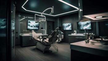 moderno dentista escritório com limpar, brilhante Projeto e avançado tecnologia gerado de ai foto