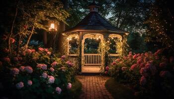 tranquilo rural cena iluminado de lanternas dentro uma formal jardim gerado de ai foto