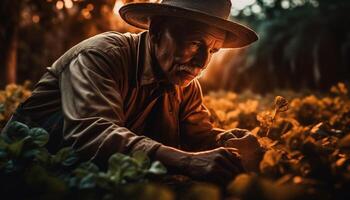 Senior caucasiano agricultor colheita orgânico plantar dentro tranquilo outono floresta gerado de ai foto