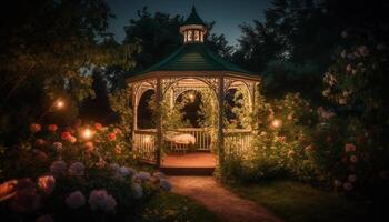 romântico verão Casamento dentro iluminado formal jardim com natureza beleza gerado de ai foto