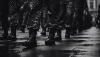 exército pelotão marcha dentro Preto e branco uniforme através cidade rua gerado de ai foto