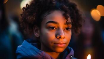 sorridente africano criança com encaracolado cabelo olhando ao ar livre às noite gerado de ai foto