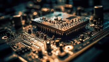 complexidade do semicondutor o circuito quadro, uma futurista computador equipamento trabalhando gerado de ai foto