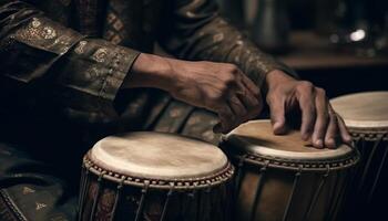 1 homem jogando djembê, batendo percussão instrumento com criatividade gerado de ai foto