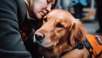 sorridente jovem mulher abraços fofa de raça pura cachorro dentro outono ao ar livre gerado de ai foto