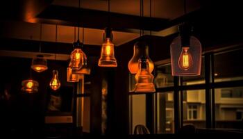 brilhando velho formado lanterna suspensão a partir de ornamentado teto dentro doméstico quarto gerado de ai foto