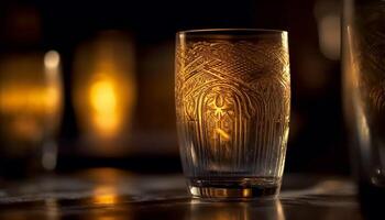 luxo uísque dentro ouro copo de vinho, iluminado de chama dentro Barra gerado de ai foto