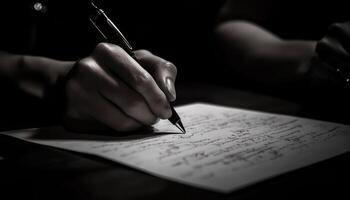 mão segurando caneta, concentrando em primeiro plano, assinatura Folha música documento gerado de ai foto