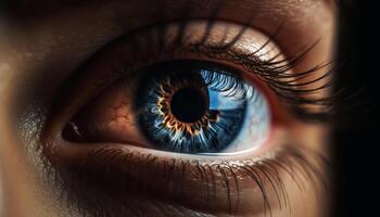 azul olhos mulher olhando fixamente, seletivo foco em íris, macro tiro gerado de ai foto