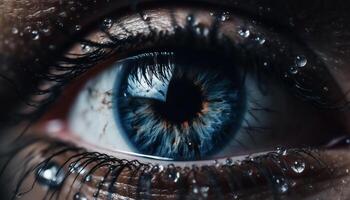 azul olhos mulher encarando às Câmera com seletivo foco em íris gerado de ai foto