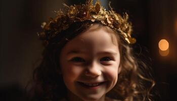 sorridente fada Princesa goza brincalhão festa com fofa Castanho cabelos menina gerado de ai foto