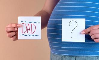 uma visão aproximada da barriga de uma mulher grávida em uma camiseta azul segurando duas folhas com a palavra pai e um ponto de interrogação
