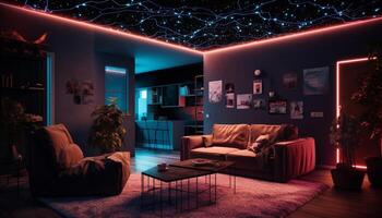 moderno apartamento interior com confortável azul sofá e elegante decoração gerado de ai foto