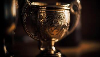 brilhante ouro troféu em ornamentado mesa simboliza realização e sucesso gerado de ai foto