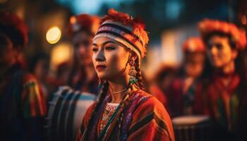 colorida tradicional festival comemora culturas com jovem mulher gerado de ai foto