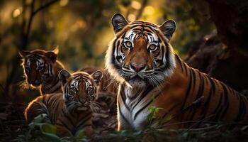 majestoso Bengala tigre encarando às Câmera dentro tranquilo floresta tropical gerado de ai foto
