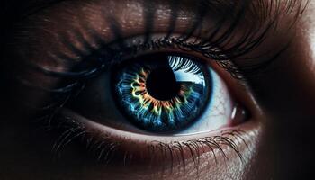 azul olhos mulher encarando às Câmera com desfocado fundo e reflexão gerado de ai foto