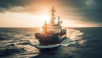 recipiente navio Navegando em azul águas às pôr do sol, transportando carga gerado de ai foto