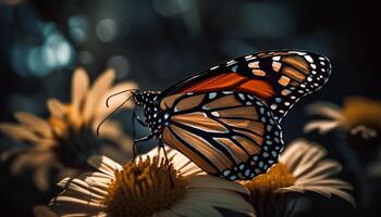 vibrante monarca borboleta vôo sobre visto amarelo flor dentro luz solar gerado de ai foto