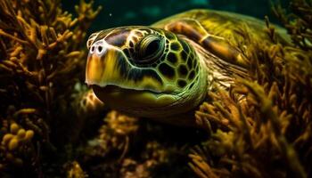 fechar acima do uma fofa mar tartaruga natação dentro tropical águas gerado de ai foto