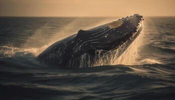 idílico pôr do sol em tropical litoral, corcunda baleia violar dentro movimento gerado de ai foto