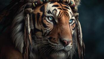 fechar acima retrato do majestoso Bengala tigre encarando às Câmera gerado de ai foto