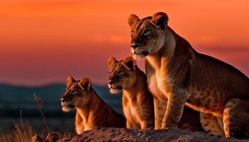 majestoso leão família sentado dentro a savana às crepúsculo gerado de ai foto
