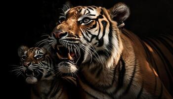 majestoso Bengala tigre encarando ferozmente com afiado dentes dentro foco gerado de ai foto