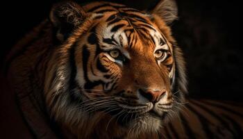 Bengala tigre olhando fixamente, listrado pelagem, majestoso beleza dentro natureza retrato gerado de ai foto
