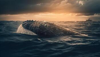 tranquilo pôr do sol paisagem marítima, ampla corcunda baleia espirrando dentro movimento gerado de ai foto