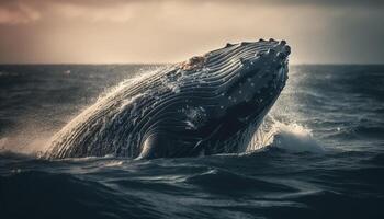majestoso corcunda baleia espirrando dentro azul mar, cercado de golfinhos gerado de ai foto