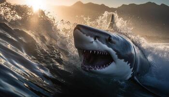 majestoso golfinho natação dentro azul água, dentes descoberto dentro agressão gerado de ai foto