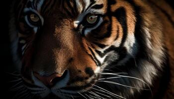 fechar acima retrato do majestoso Bengala tigre encarando às Câmera ao ar livre gerado de ai foto