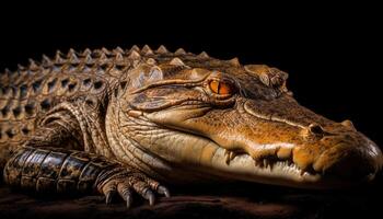 furioso crocodilo aberto boca, afiado dentes, em Preto fundo gerado de ai foto