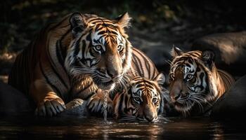 fechar acima retrato do majestoso Bengala tigre encarando com agressão gerado de ai foto
