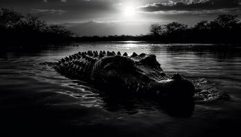 crocodilo em repouso dentro tranquilo lago, dentes brilhante dentro luz solar gerado de ai foto