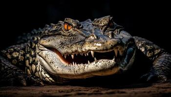 furioso crocodilo com aberto boca ameaça dentro Sombrio pântano gerado de ai foto