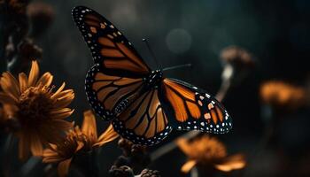 vibrante beleza dentro natureza uma monarca borboleta polinizando uma amarelo flor gerado de ai foto