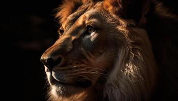 majestoso leão encarando às Câmera, beleza dentro natureza região selvagem gerado de ai foto