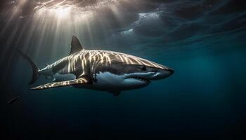 majestoso gigante peixe natação dentro profundo azul água salgada, dentes descoberto gerado de ai foto