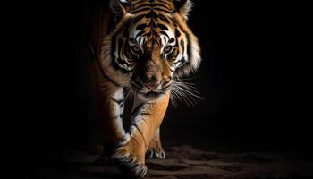 majestoso Bengala tigre caminhando dentro tropical floresta tropical, encarando às Câmera gerado de ai foto