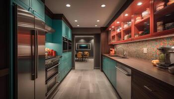 moderno doméstico cozinha Projeto com luxo inoxidável aço eletrodomésticos e mármore pavimentos gerado de ai foto