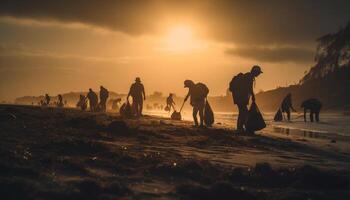 silhuetas do adultos e crianças caminhando em areia às pôr do sol gerado de ai foto