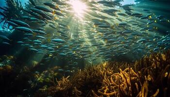 vibrante escola do peixe nadar dentro tropical embaixo da agua paraíso gerado de ai foto